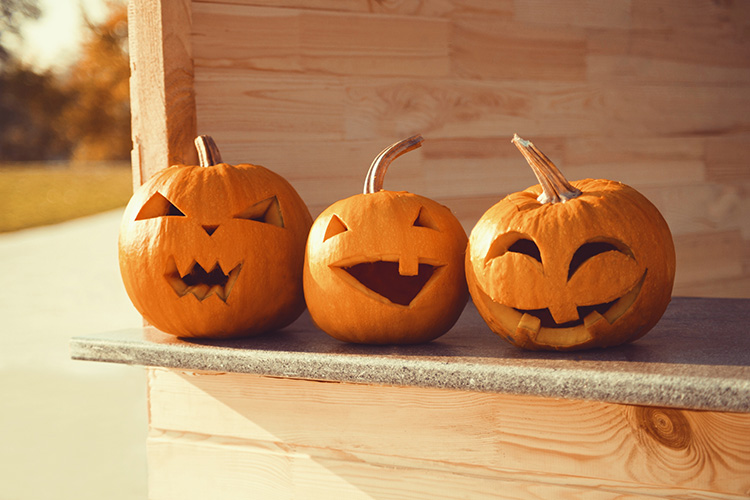 Three pumpkins sitting on a shelf.